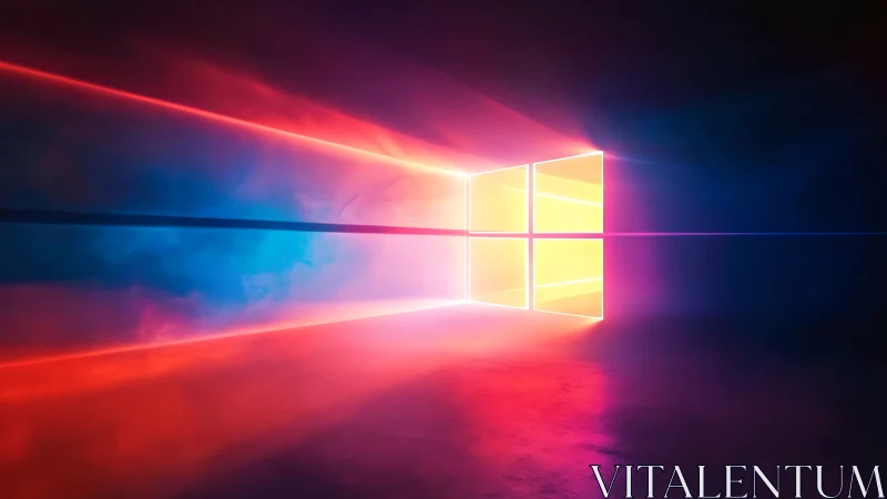 Neon light window logo in dark gradient environment.