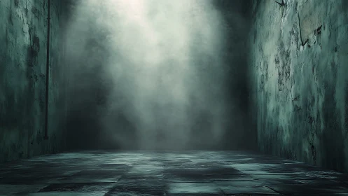 Fog-filled narrow corridor with worn textured walls.
