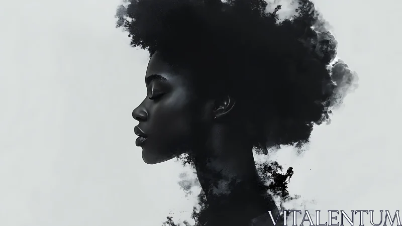 Profile portrait merges with drifting black ink clouds