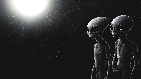 Two grey aliens stand in deep space under bright star.