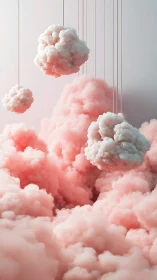 Soft pink 3D clouds suspended by thin vertical strings.