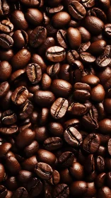 Roasted coffee beans in tight vertical close up arrangement.