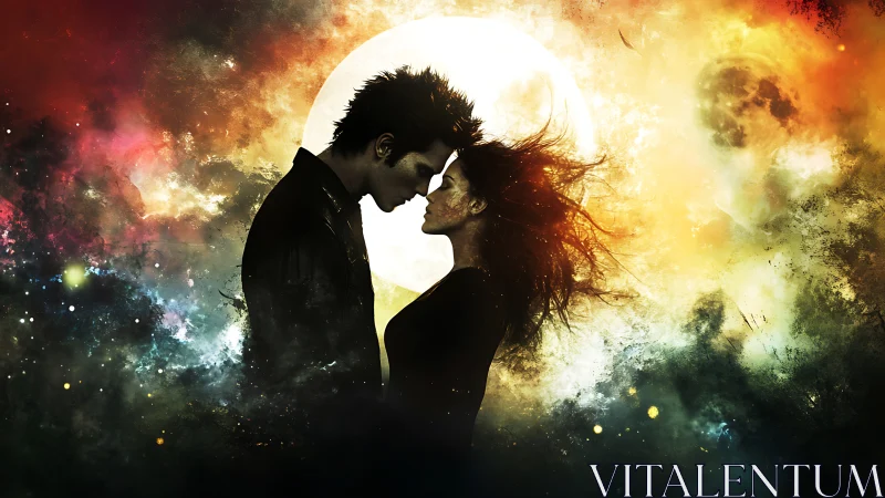 Silhouetted Couple Embracing Against Celestial Double Moon Backdrop