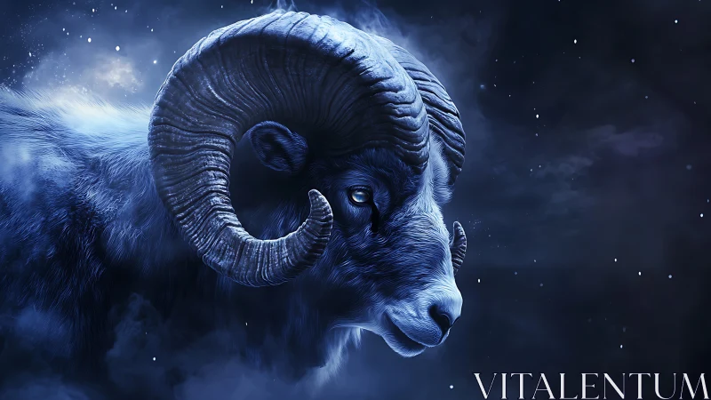Celestial ram portrait in luminous blue cosmic mist.