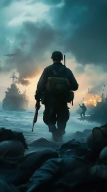 Storm-lashed soldier strides into a burning coastal horizon