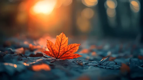 Backlit maple leaf on forest floor in warm bokeh glow.