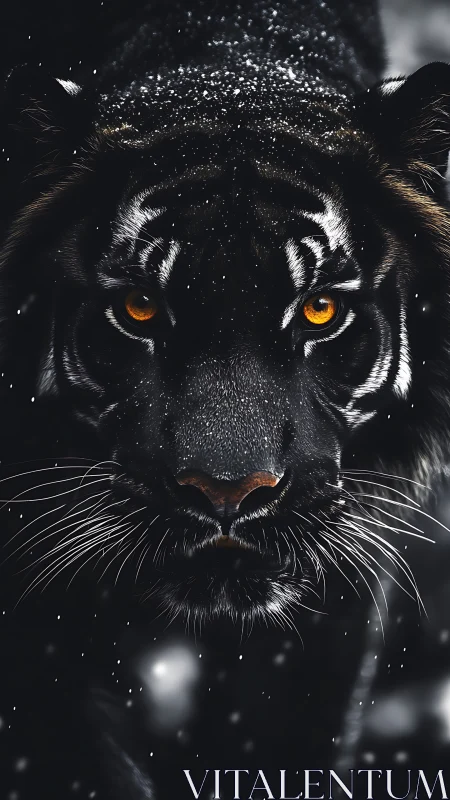 Black tiger close-up with snow on fur in low light conditions.