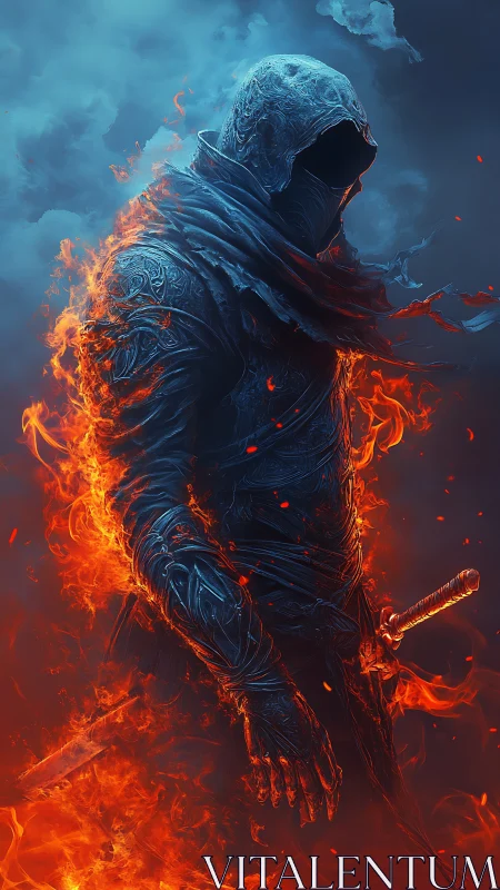 Hooded armored warrior stands in flames against blue smoke