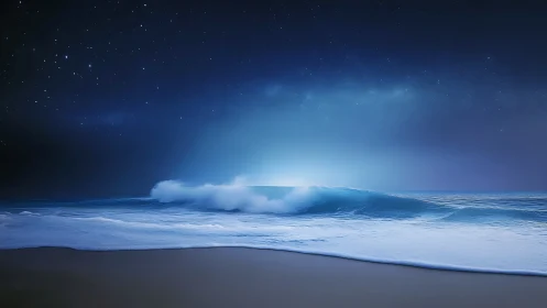 Night shoreline with soft breaking waves and stars.