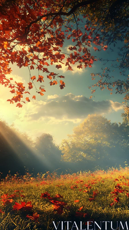 Autumn daydream meadow under honeyed shafts of sunlight.