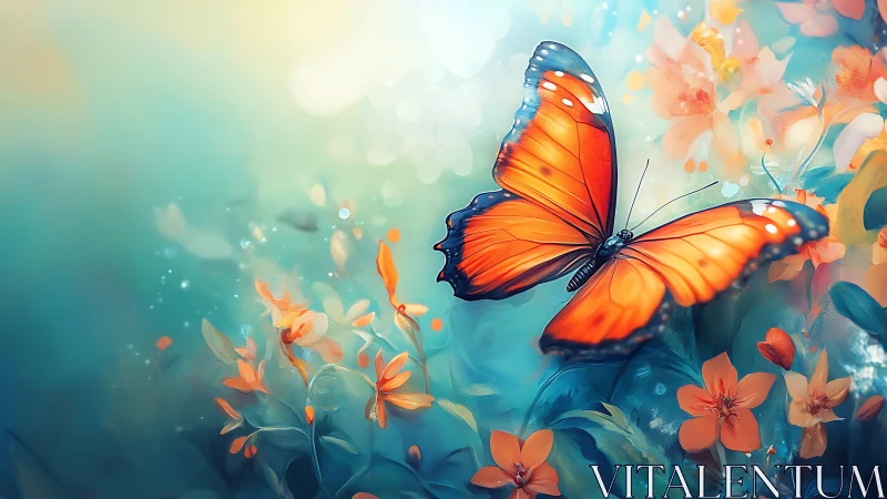 Digital painting of orange butterfly over ethereal florals.