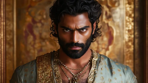 Intense royal gaze in gilded light and embroidered silk.