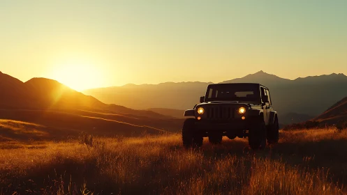 Off-road SUV silhouette against low-angle sunset over ridges