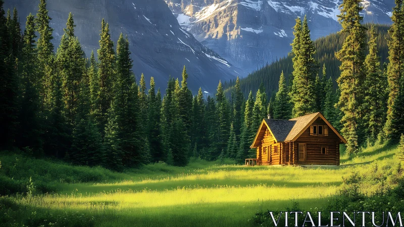 Cozy log cabin glowing in a peaceful sunlit forest meadow.