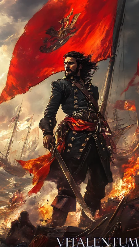 Fiery sea captain rising from battle’s stormlit chaos.