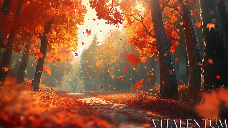 Golden autumn forest path glowing with swirling red leaves.