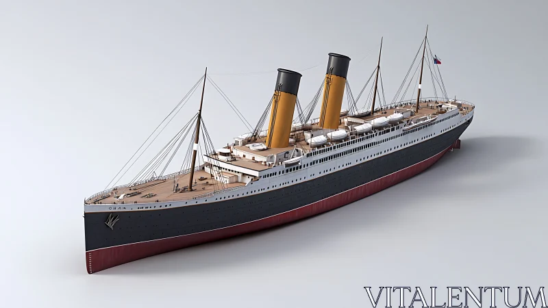 Rendered ocean liner model exhibits detailed superstructure and rigging