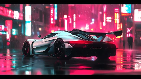 Neon soaked supercar glows against a rainy cyberpunk night street