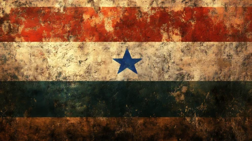 Weathered tricolor banner with central blue star emblem.