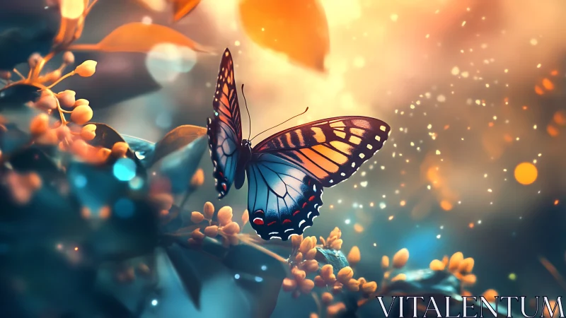 Colorful butterfly resting on flowers in glowing garden.