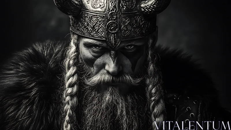 Viking warlord portrait with horned helm and braided beard.