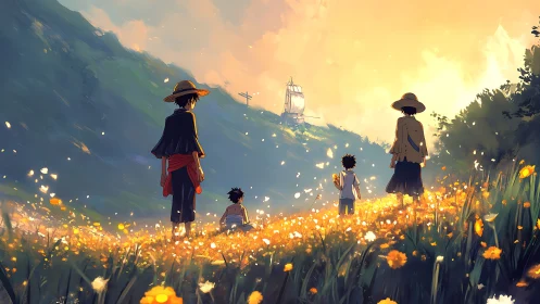 Sunlit hill of dreamers watching a distant sailing promise.