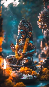 Ganesh idol with marigold garlands in evening ritual.