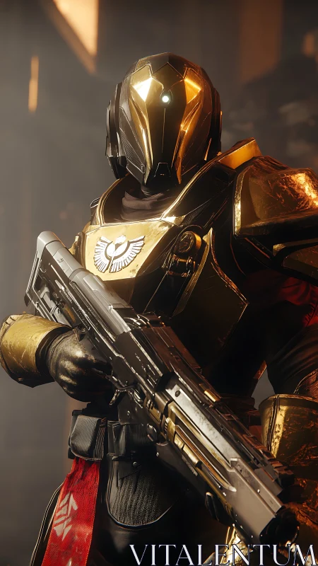 3D sci-fi paladin in reflective gold combat exosuit armor.