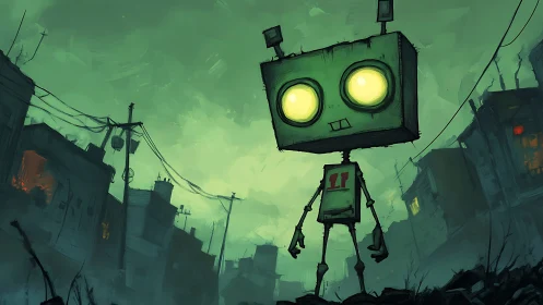 Glow-eyed street robot wanders through foggy neon ruins.