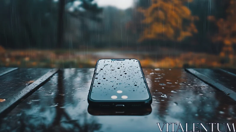 Smartphone with water droplets on wet surface.