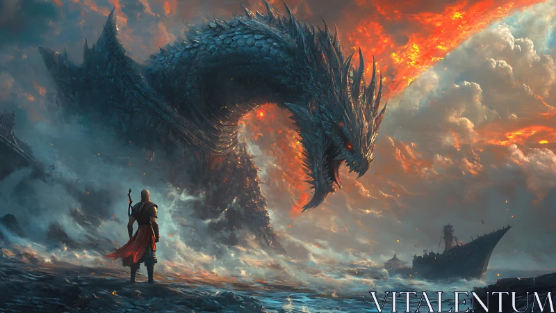 Armored dragon confronts lone warrior on storm-laden shore