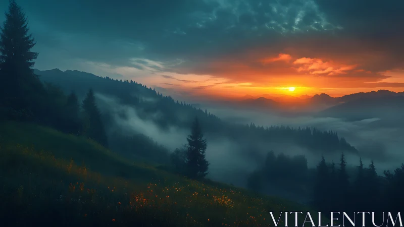 Sunset illuminates mist-filled conifer valleys with soft gradients