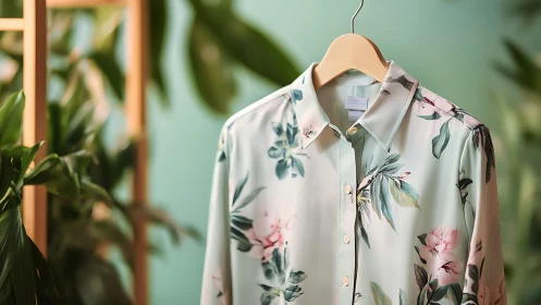 Floral-printed shirt on wooden hanger against botanical green backdrop.