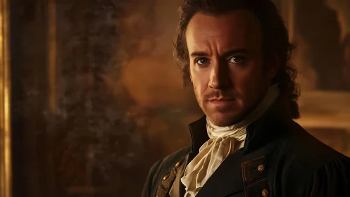 Digital portrait shows period-dressed man in warm interior lighting