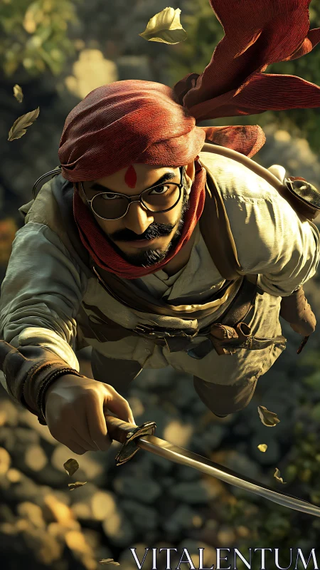 Warrior in red turban leaps forward with drawn sword