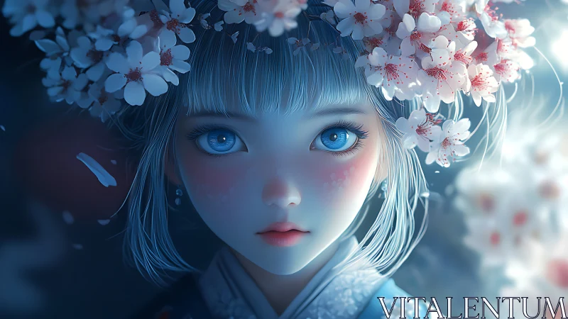Digital painting portrait with sakura crown and cool luminance.