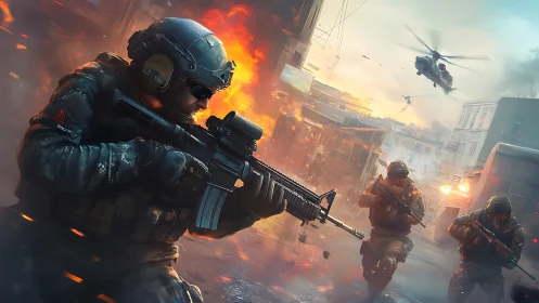 Soldiers advance through burning urban combat zone under fire