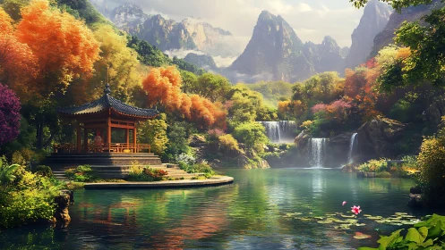 Autumn mountain garden with lakeside pavilion and waterfalls.