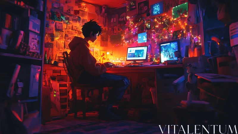 Teen gamer at glowing dual-monitor desk at night.