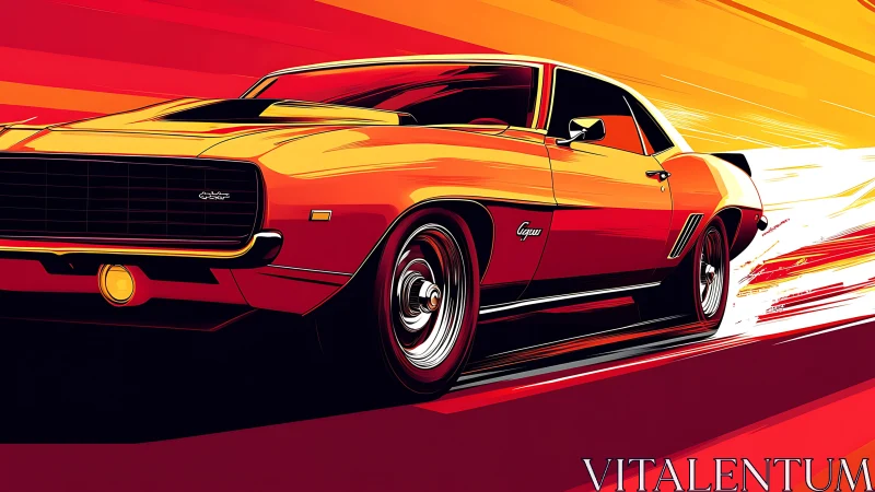 Muscle car illustration accelerates across bright gradient backdrop