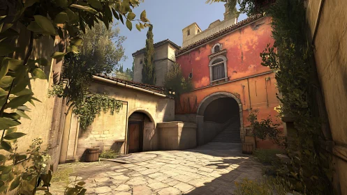 Mediterranean courtyard with arched passage and occlusion lighting