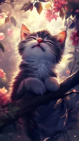 Luminous Feline Portrait: Golden Hour Lighting with Flowering Foliage Environment