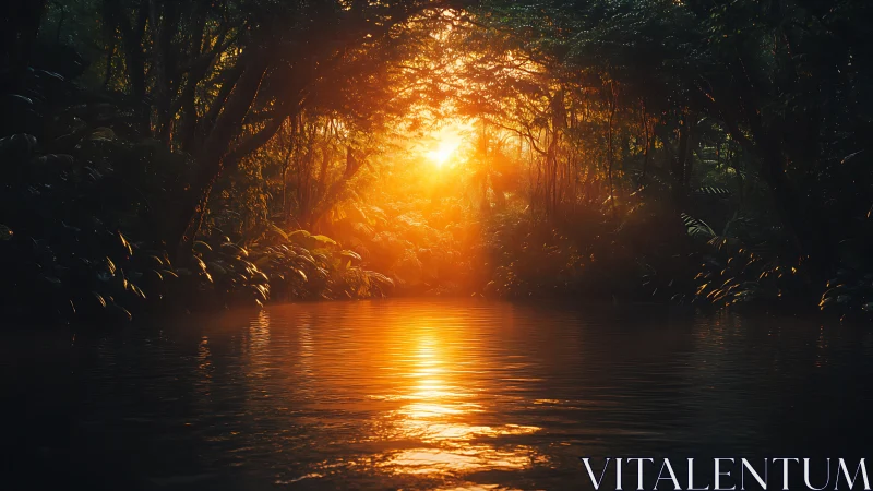 Backlit tropical river at golden hour with volumetric haze