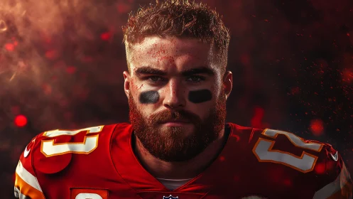 Grit and glow of a focused red-uniformed football warrior.