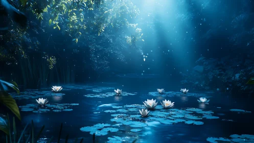 Moonlit lilies glow over tranquil blue forest pond