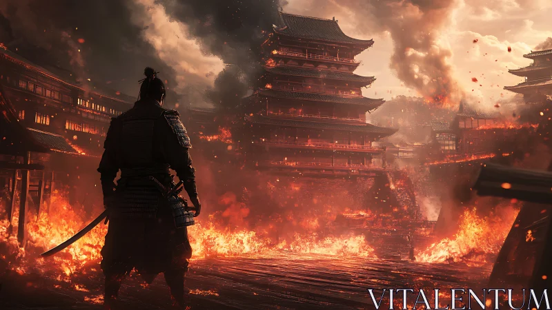 Lone samurai watching a burning city choose its fate.