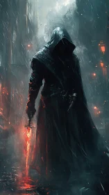 Hooded warrior strides through rain with molten blade and backlit fog