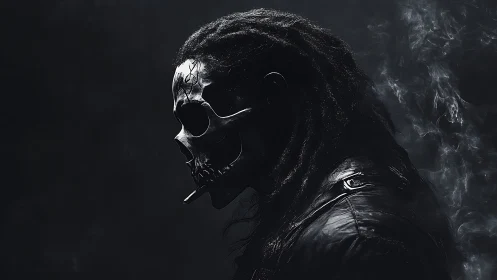 Side-profile necro-portrait with skeletal mask and smoke veil.