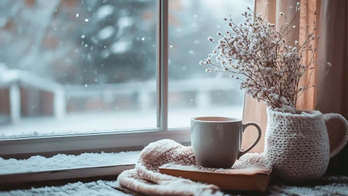 Cozy winter mug beside knitted vase on snowy windowsill.