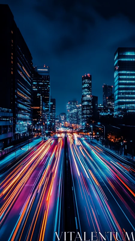 Night highway light trails through dense urban skyline.